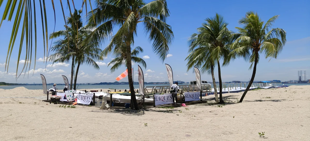 Dinghies on the SeaQuest beach beneath palm trees in Forest City